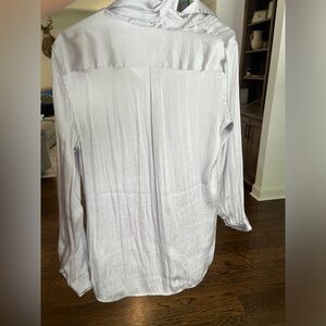 Banana Republic blouse, silky silver, tie neck, button up